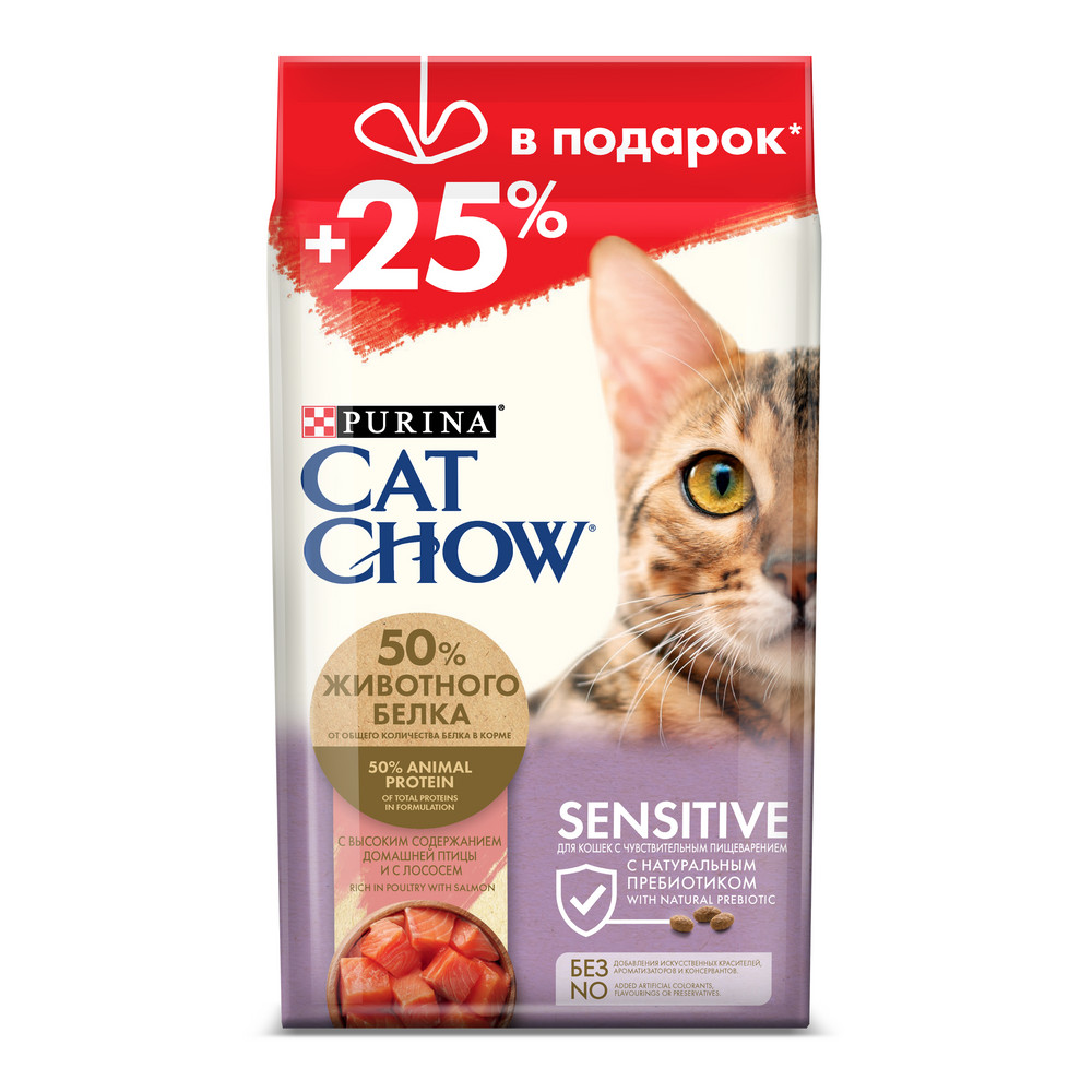 Cat Chow Sensitive Домашняя птица/Лосось для кошек 1,5 кг + 500 г 1