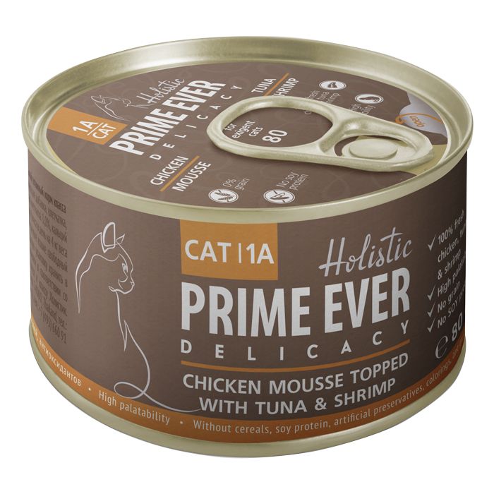 Prime Ever Delicacy Мусс цыпленок/тунец/креветки консервы для кошек 80г 1