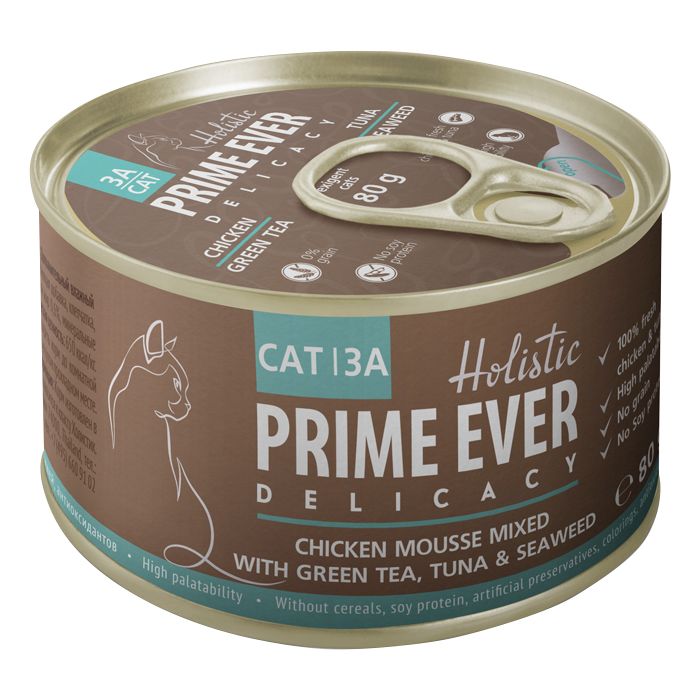 Prime Ever Delicacy Мусс цыплёнок/тунец/зелёный чай для кошек консервы 80г 1