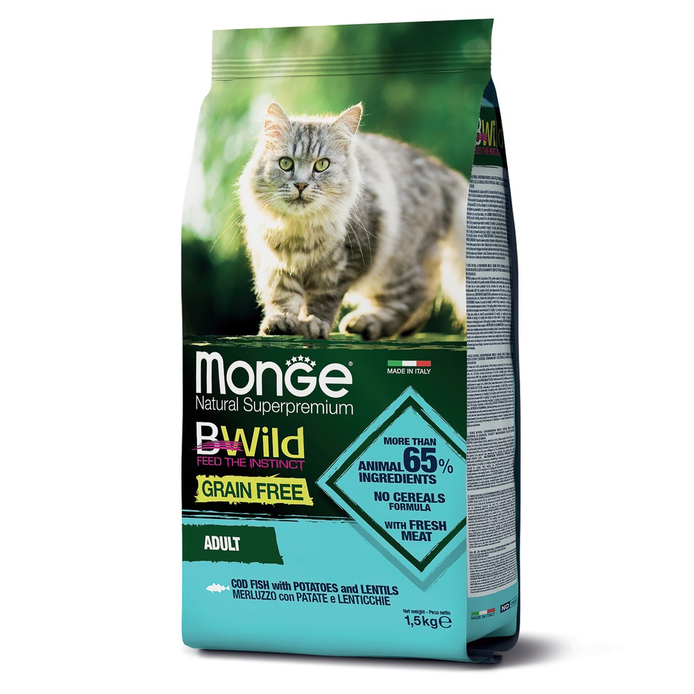 Monge BWild Cat Grain Free Треска/Картофель/Чечевица для кошек 1,5 кг 1