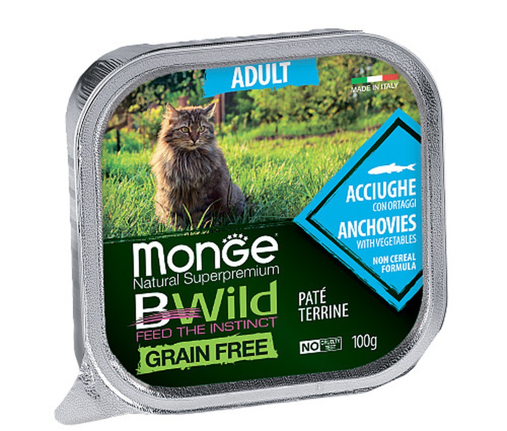 Monge Cat BWild GRAIN FREE Adult Анчоусы с овощами консервы для кошек 100 г 1
