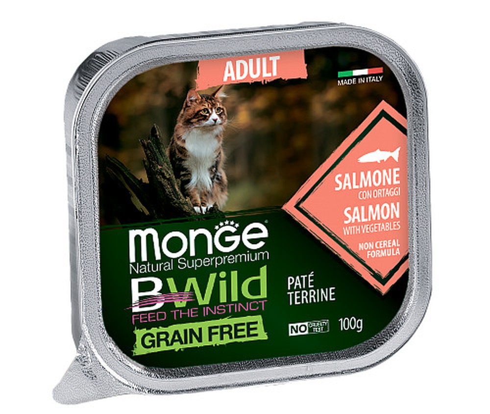 Monge Cat BWild GRAIN FREE Adult Лосось с овощами консервы для кошек 100 г 1