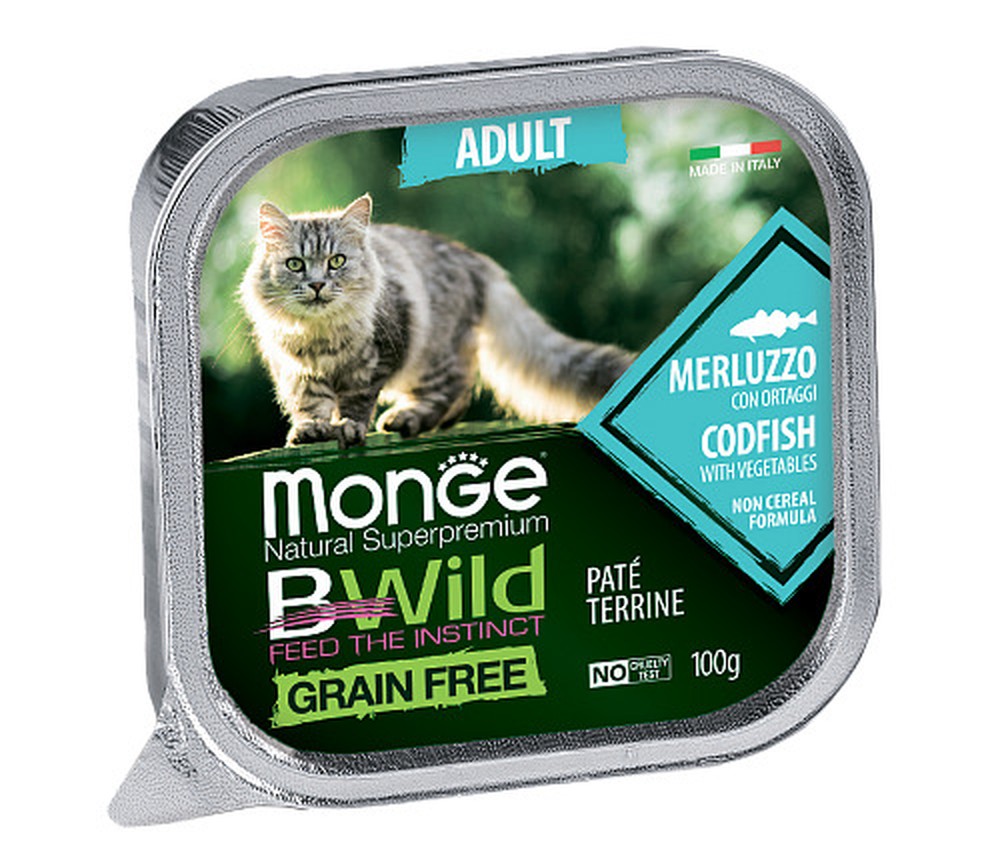 Monge Cat BWild GRAIN FREE Adult Треска с овощами консервы для кошек 100 г 1