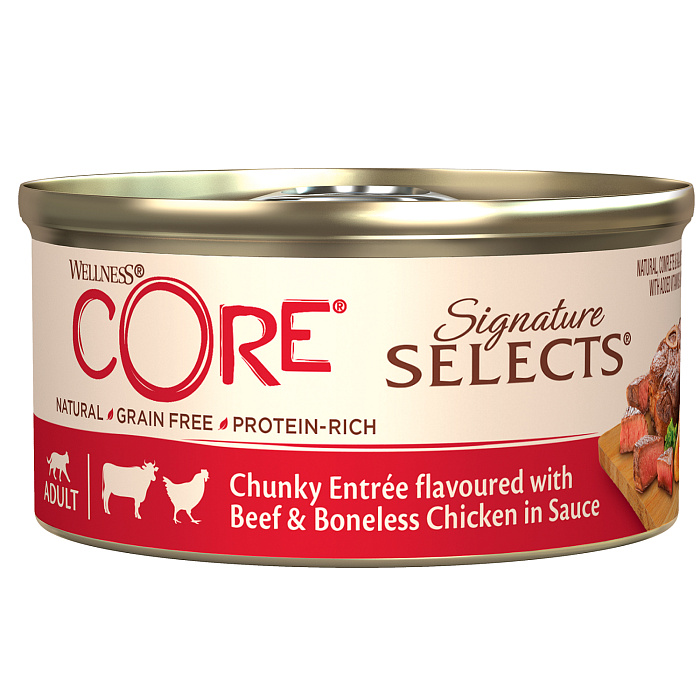Wellness Core Говядина/Курица кусочки в соусе консервы для кошек 79 г
