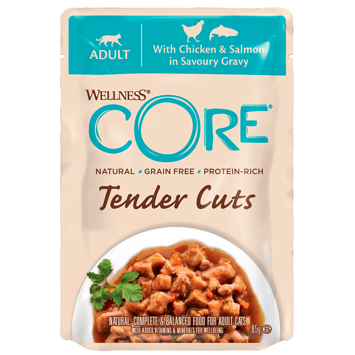 Wellness Core Курица/Лосось в виде нарезки в соусе пауч для кошек 85 г