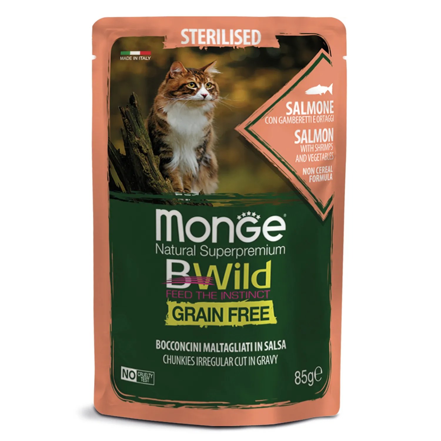 Monge Cat BWild GRAIN FREE Sterilised Лосось с креветками и овощами пауч для кошек 85 г 1