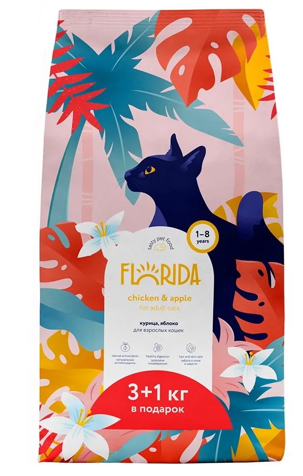Florida Adult Курица/Яблоко для кошек 3+1 кг 1