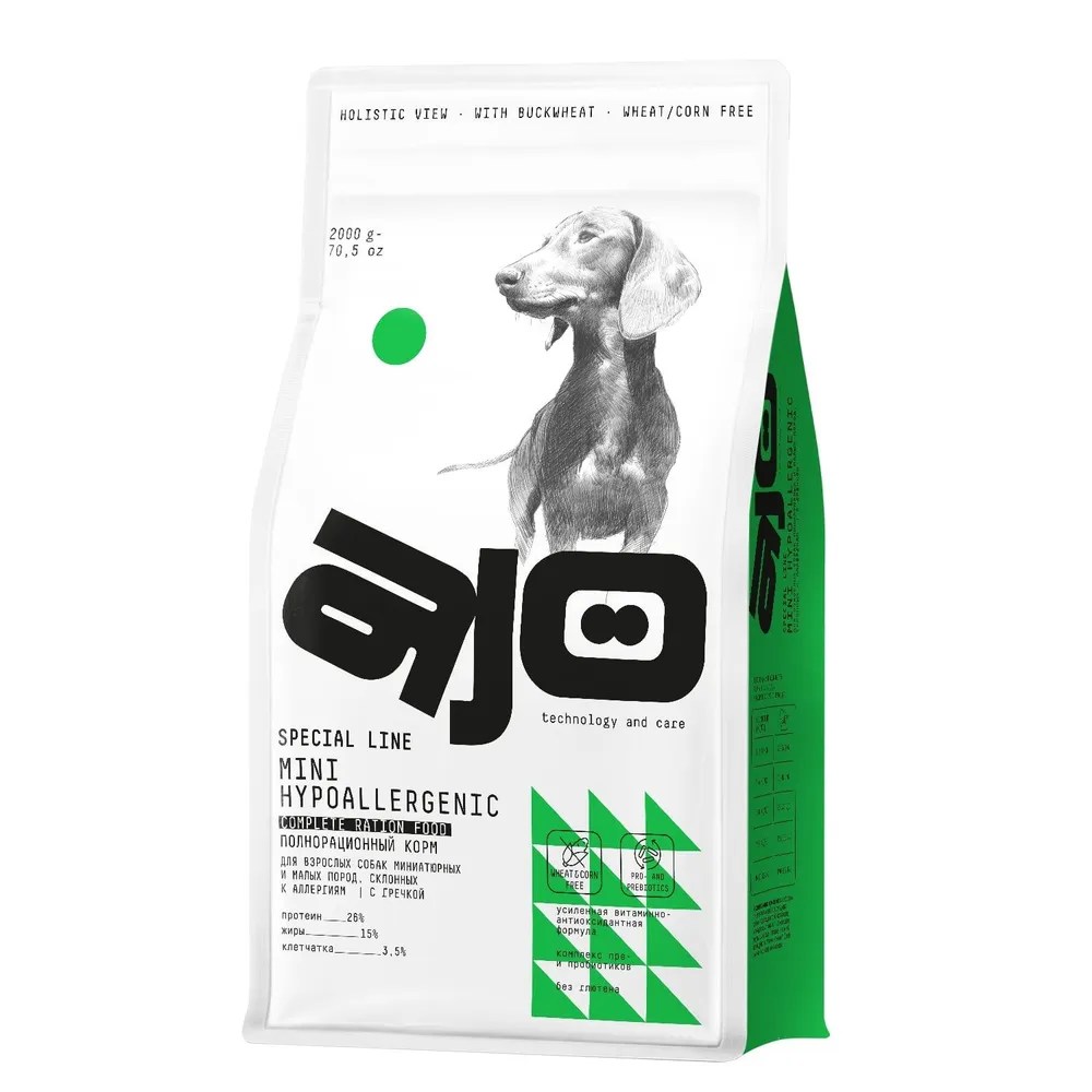 AJO Dog Mini Hypoallergenic Индейка/Свинина/Олень/Гречка для собак 2 кг 1