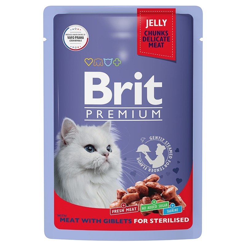 Brit Premium Sterilised Мясное ассорти/потрошки в желе пауч для кошек 85 г