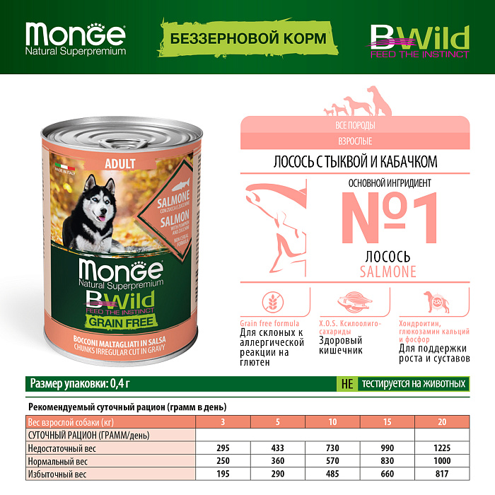 Monge BWild Grain Free All Breeds Лосось/Тыква/Кабачки консервы для собак 400г 2