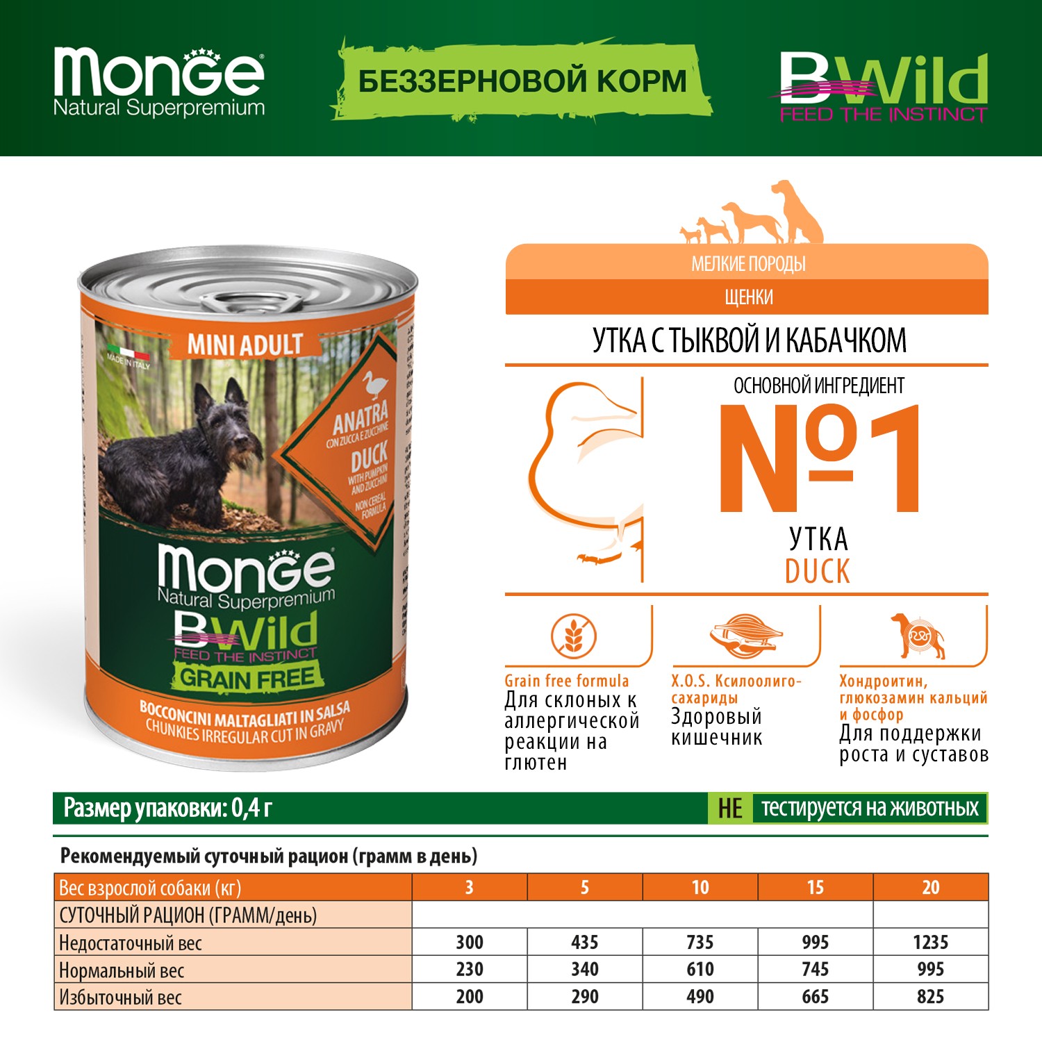 Monge BWild Grain Free Mini Утка/Тыква/Кабачки консервы для собак 400г   2