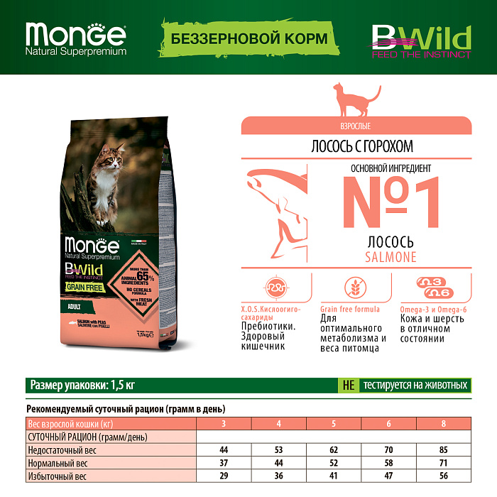 Monge BWild Cat Grain Free Лосось/Горох для кошек 1,5 кг 3
