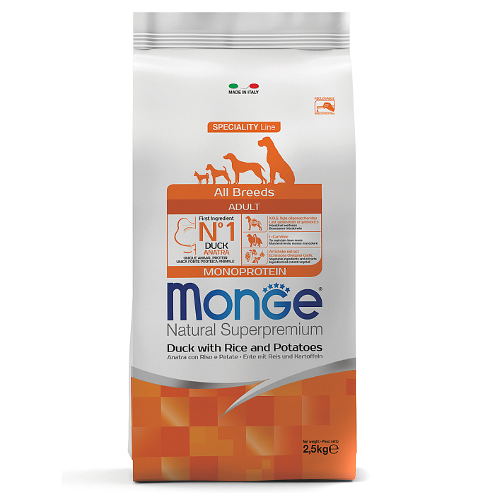 Monge Dog Speciality All Breeds Утка/рис для собак 2,5 кг 1