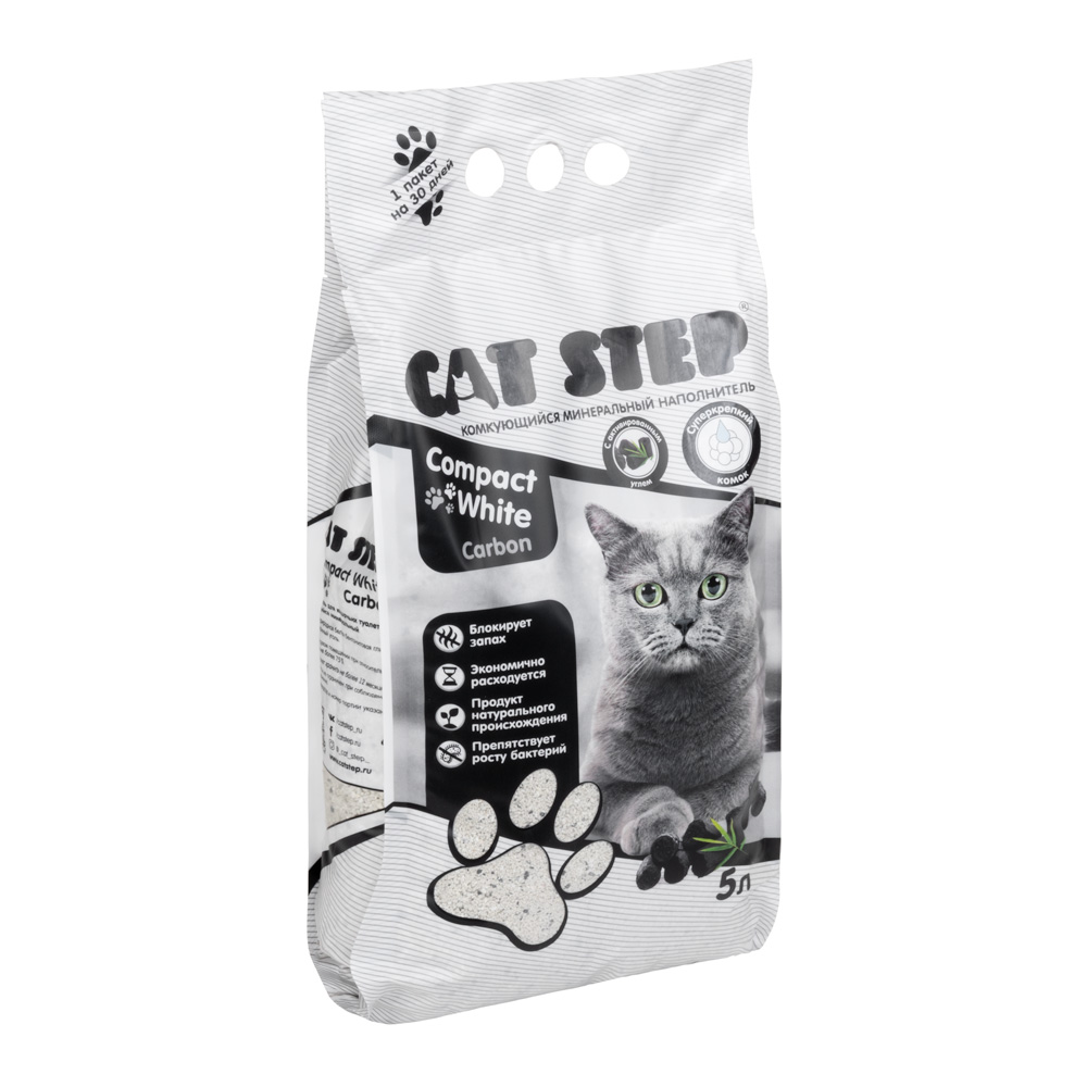 Наполнитель Cat Step Compact White Carbon комкующийся с активированным углем для кошек 5 л (4.2 кг)