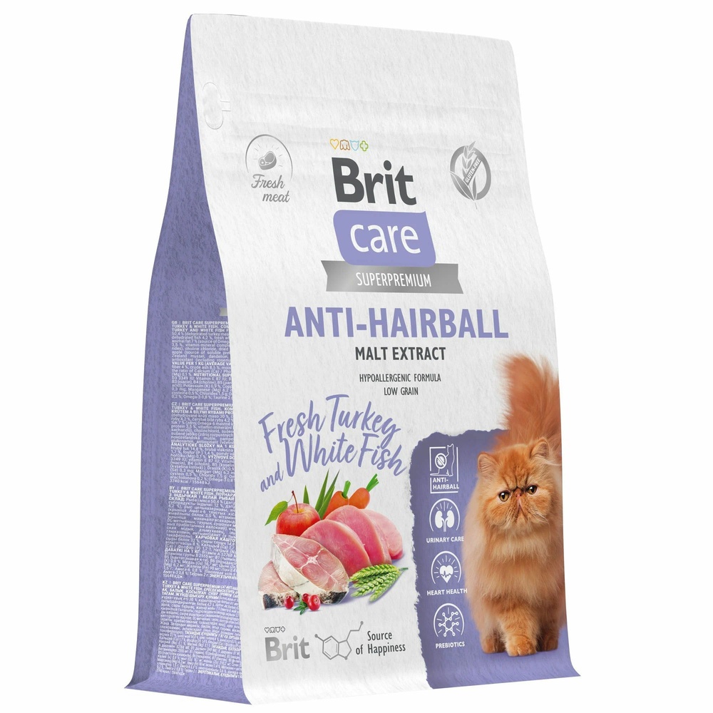 Brit Care Cat Anti-Hairball Индейка/Белая рыба для кошек 400 г