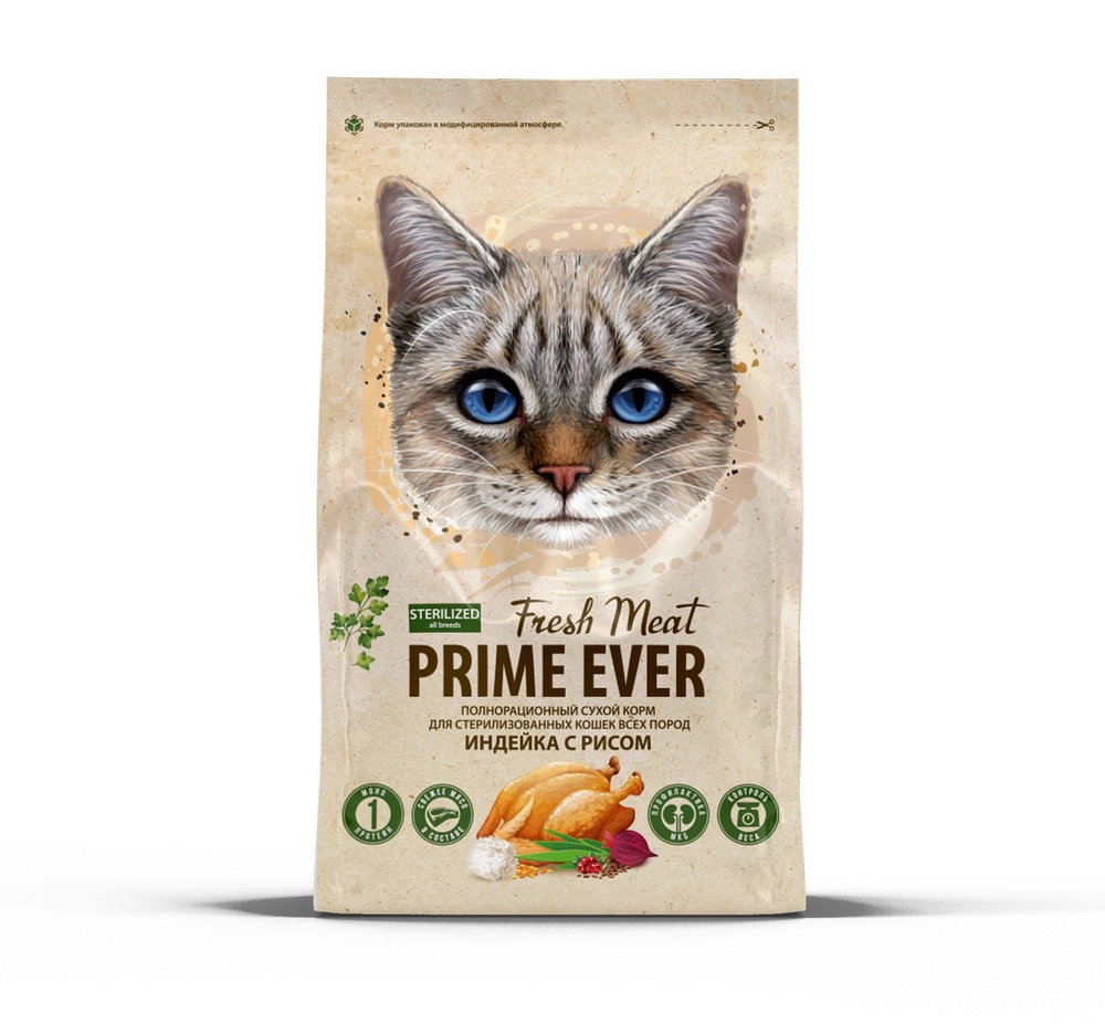 Prime Ever Fresh Meat Sterilized Индейка/рис для кошек 370 г