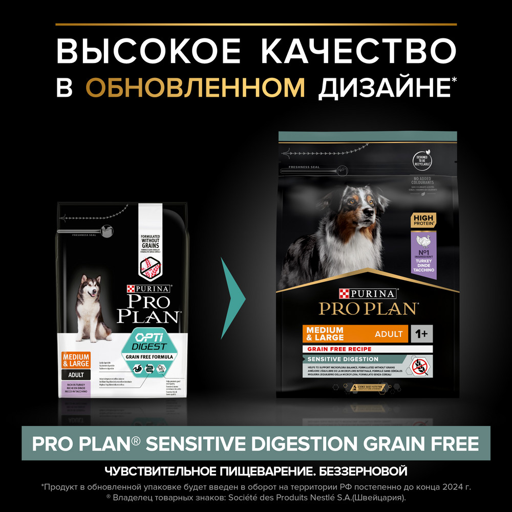 Pro Plan Optidigest Grain Free Medium Adult для взрослых собак средних и крупных пород с чувствительным пищеварением с высоким содержанием индейки 2