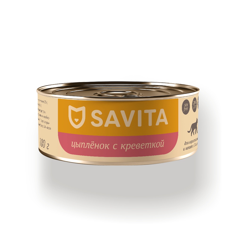 Savita Цыплёнок/Креветки консервы для кошек и котят 100 г 1