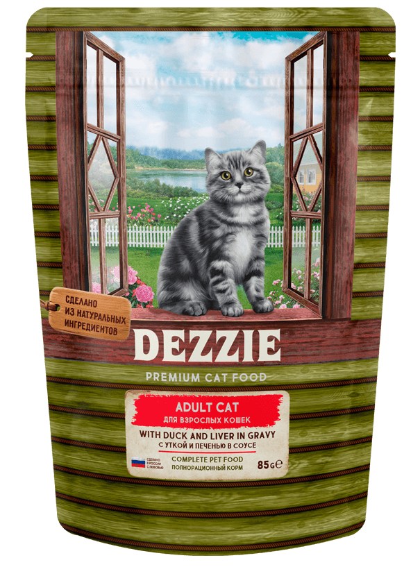 Dezzie Adult с уткой и печенью в соусе пауч для кошек 85 г 1