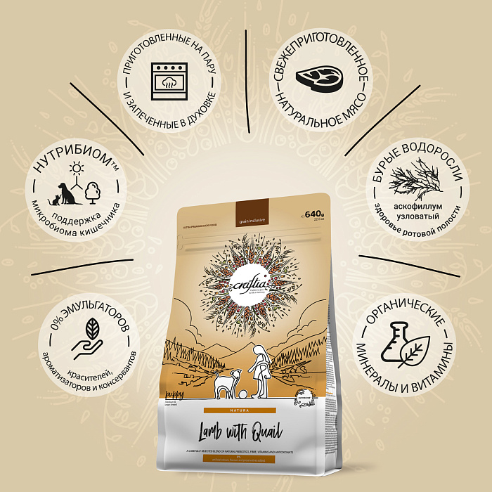 Craftia Natura Ultra Premium Medium/Large Ягненок и перепелка для щенков 640 г 2