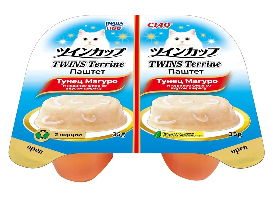 Inaba Ciao Twins Terrine Tунец магуро/Куриное филе со вкусом ширасу паштет ламистер для кошек 70 г (35 г*2 шт)