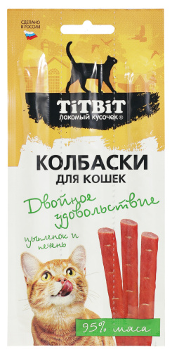 Лакомство TitBit Колбаски Двойное удовольствие Цыплёнок и печень для кошек 15 г 3*5 г