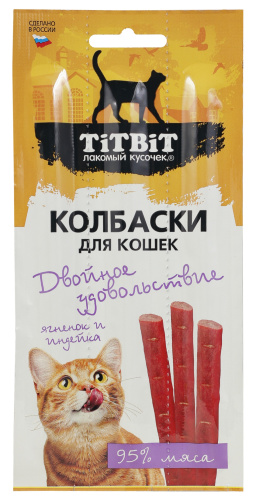 Лакомство TitBit Колбаски Двойное удовольствие Ягнёнок и Индейка для кошек 15 г 3*5 г