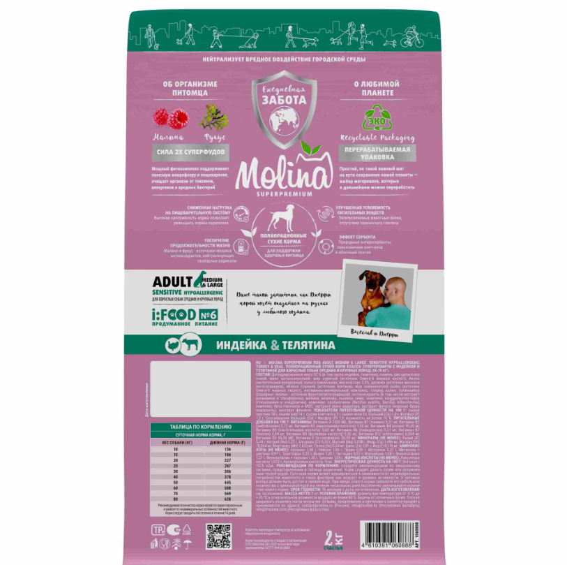 Molina Adult Sensitive Hypoallergenic Индейка/Телятина для собак средних и крупных пород 2 кг  3