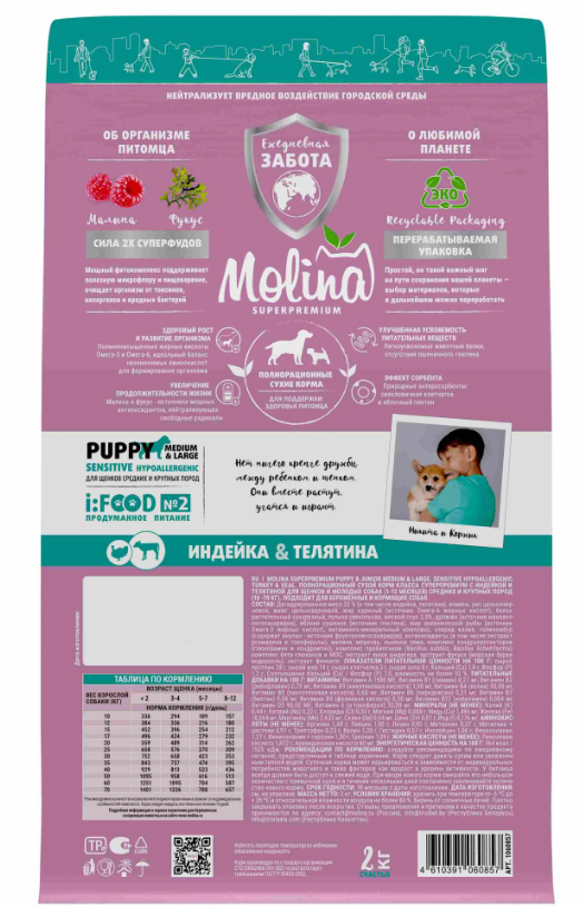 Molina Puppy Sensitive Hypoallergenic Индейка/Телятина для щенков средних и крупных пород 2 кг 4