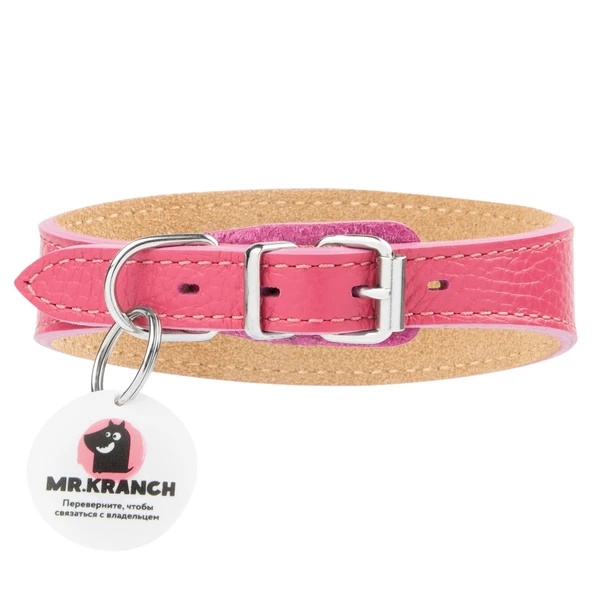 Ошейник-селедка Mr.Kranch натуральная с QR-адресником розовый для собак  21-25 см