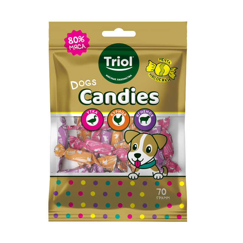 Лакомство Triol Fun Food Конфеты мясные из курицы/утки/ягненка для собак 70 г