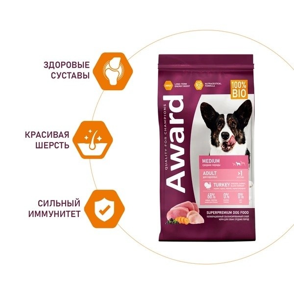 Award Dog Adult Medium Индейка/Курица/Морковь/Черная смородина для собак 2