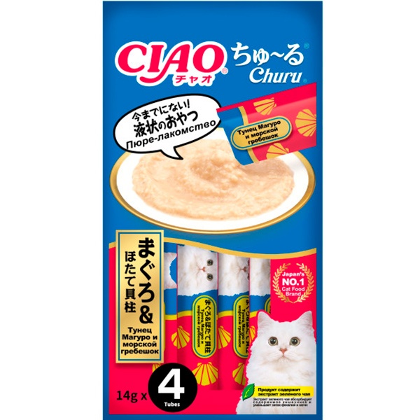 Лакомство Inaba Ciao Churu Пюре Тунец Магуро/Морской гребешок для кошек 14 г 4 шт