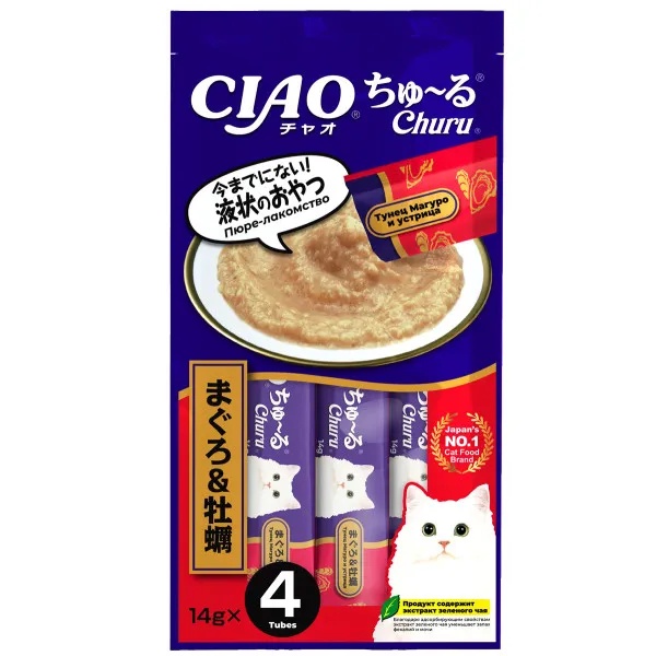 Лакомство Inaba Ciao Churu Пюре Тунец Магуро/Устрица для кошек 14 г 4 шт