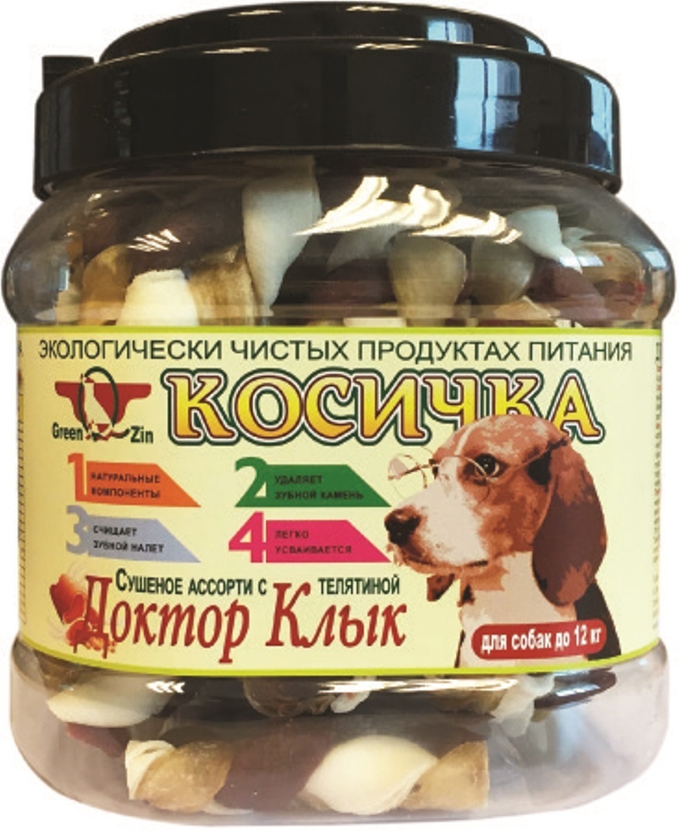 Лакомство GreenQzin Доктор клык косичка сушеное ассорти с телятиной для собак 900 г