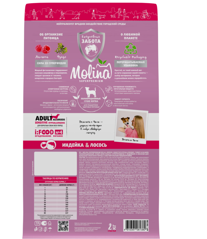 Molina Adult Sensitive Hypoallergenic Индейка/Лосось для собак 2 кг 3