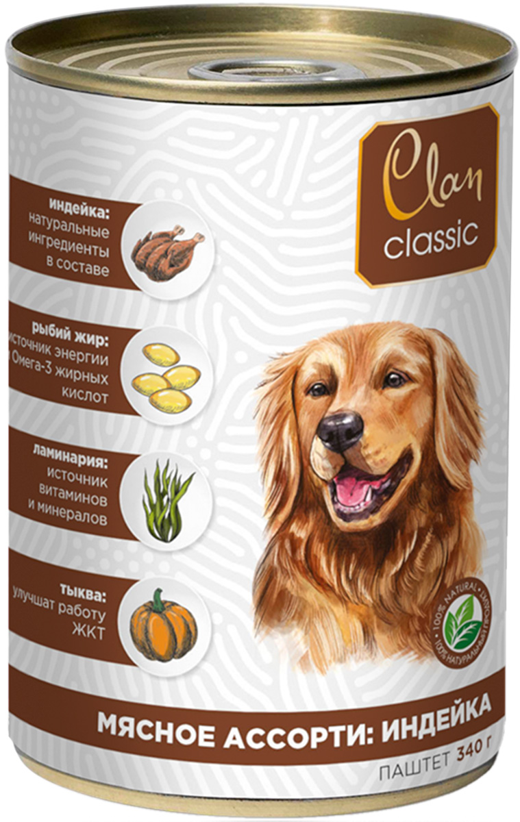 Clan Classic Мясное ассорти с индейкой консервы для собак 340 гр