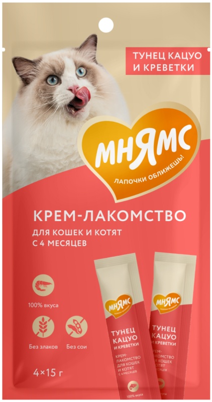 Крем-лакомство Мнямс с тунцом Кацуо и креветками для кошек 15 г х 4 шт
