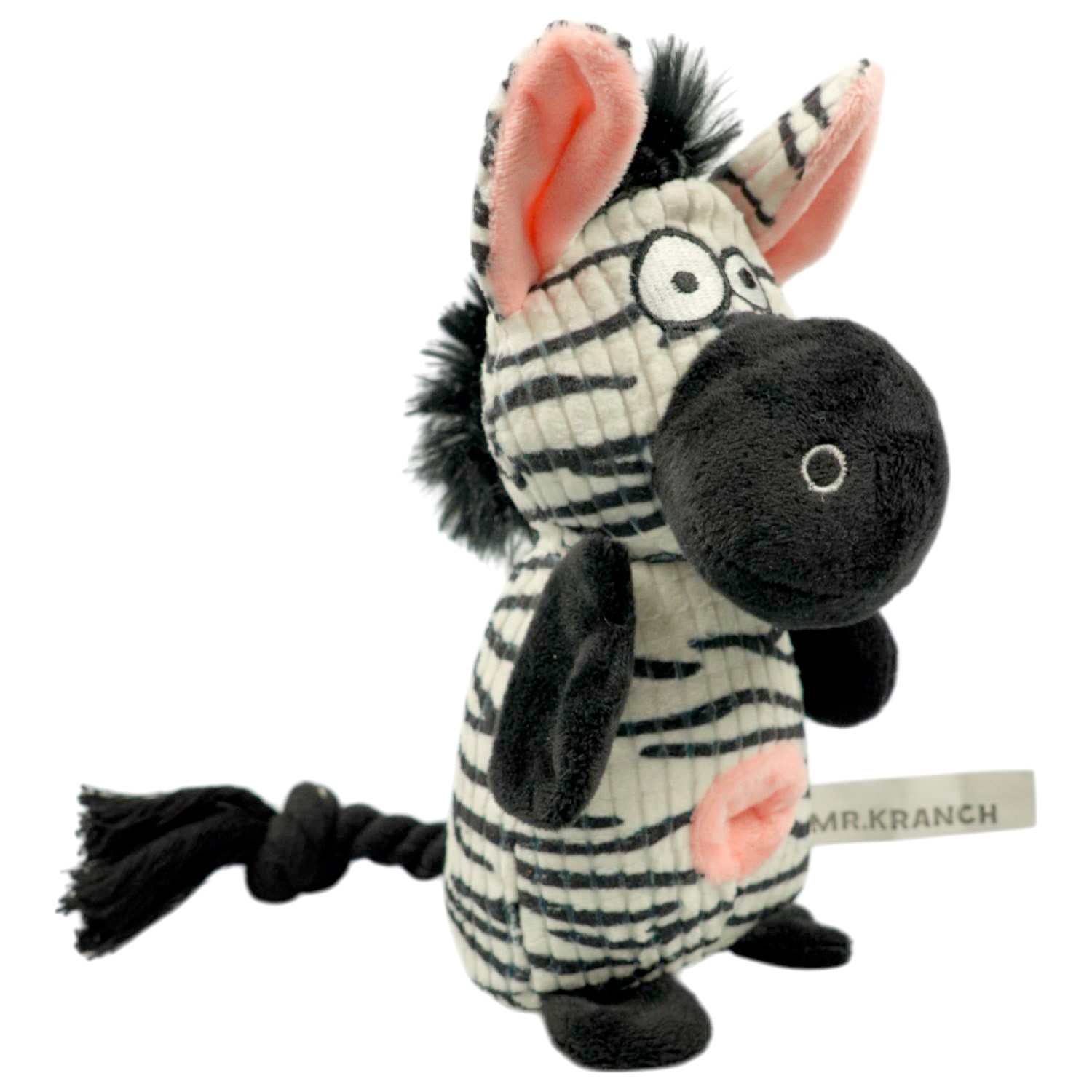 Игрушка Mr.Kranch Зебра плюшевая с канатиками пищалкой и карманом под лакомство для собак 21 см 2