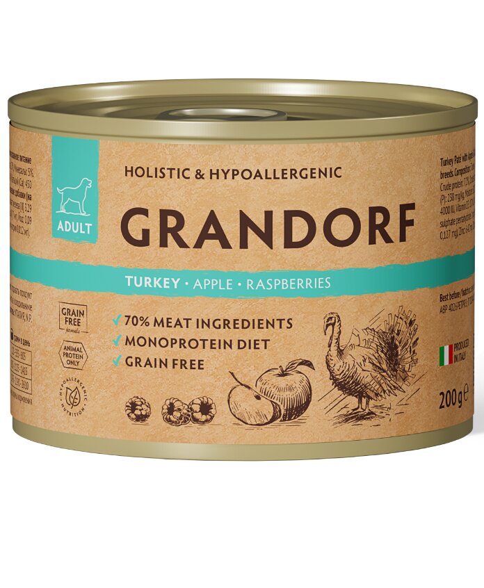 Grandorf Индейка/яблоко/малина паштет консерва для собак 200 г