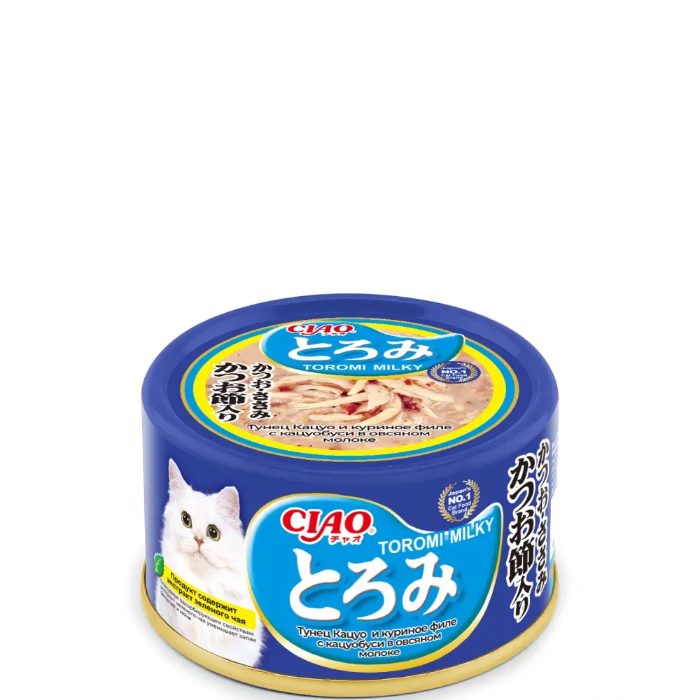 Inaba Ciao Toromi Milk Тунец Магуро/Куриное филе/Кацуобуси в овсяном молоке консервы для кошек 80 г