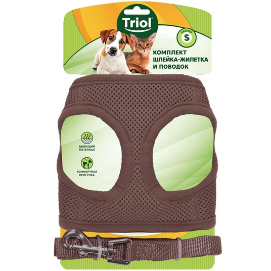 Комплект Triol шлейка-жилетка и поводок нейлон коричневый для собак