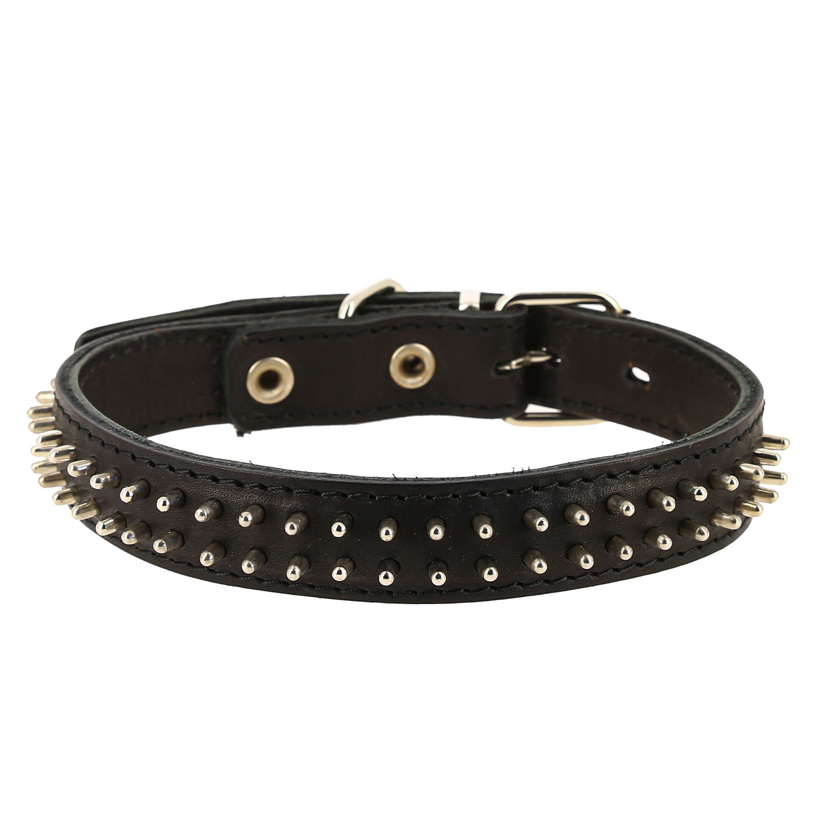 Ошейник Каскад двойной с шипами-еж натуральная кожа черный для собак 2,5*43-51 см