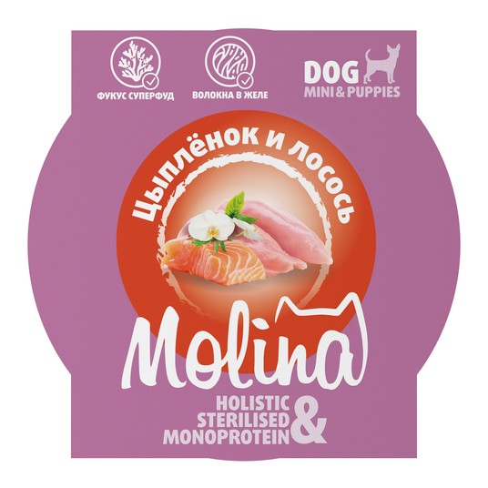 Molina Holistic Monoprotein Цыпленок и лосось в желе ламистер для собак 75 г 
