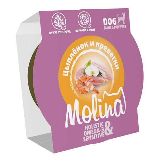 Molina Holistic Цыпленок и креветки в желе ламистер для собак  75 г 3