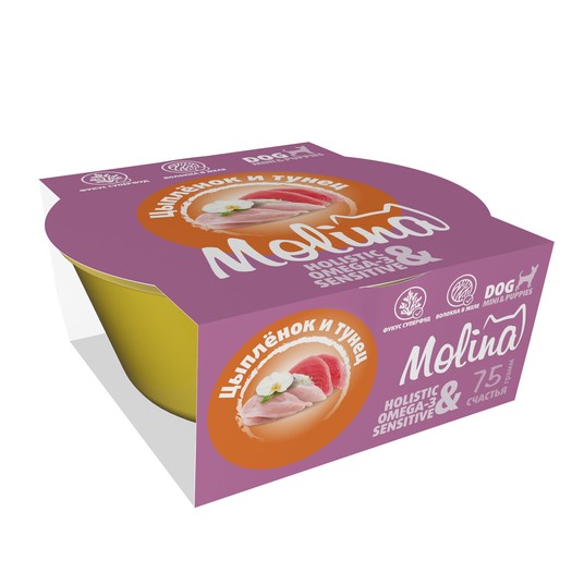 Molina Sensitive Цыпленок и тунец в желе ламистер для собак 75 г  3