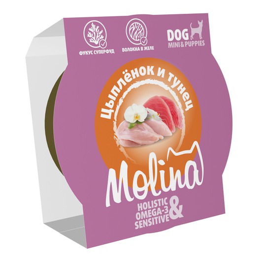 Molina Sensitive Цыпленок и тунец в желе ламистер для собак 75 г  2