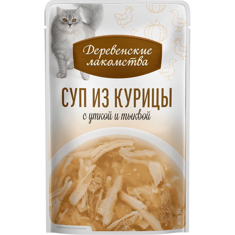 Суп Деревенские Лакомства Adult из курицы с уткой и тыквой пауч для кошек 35 г 4 шт