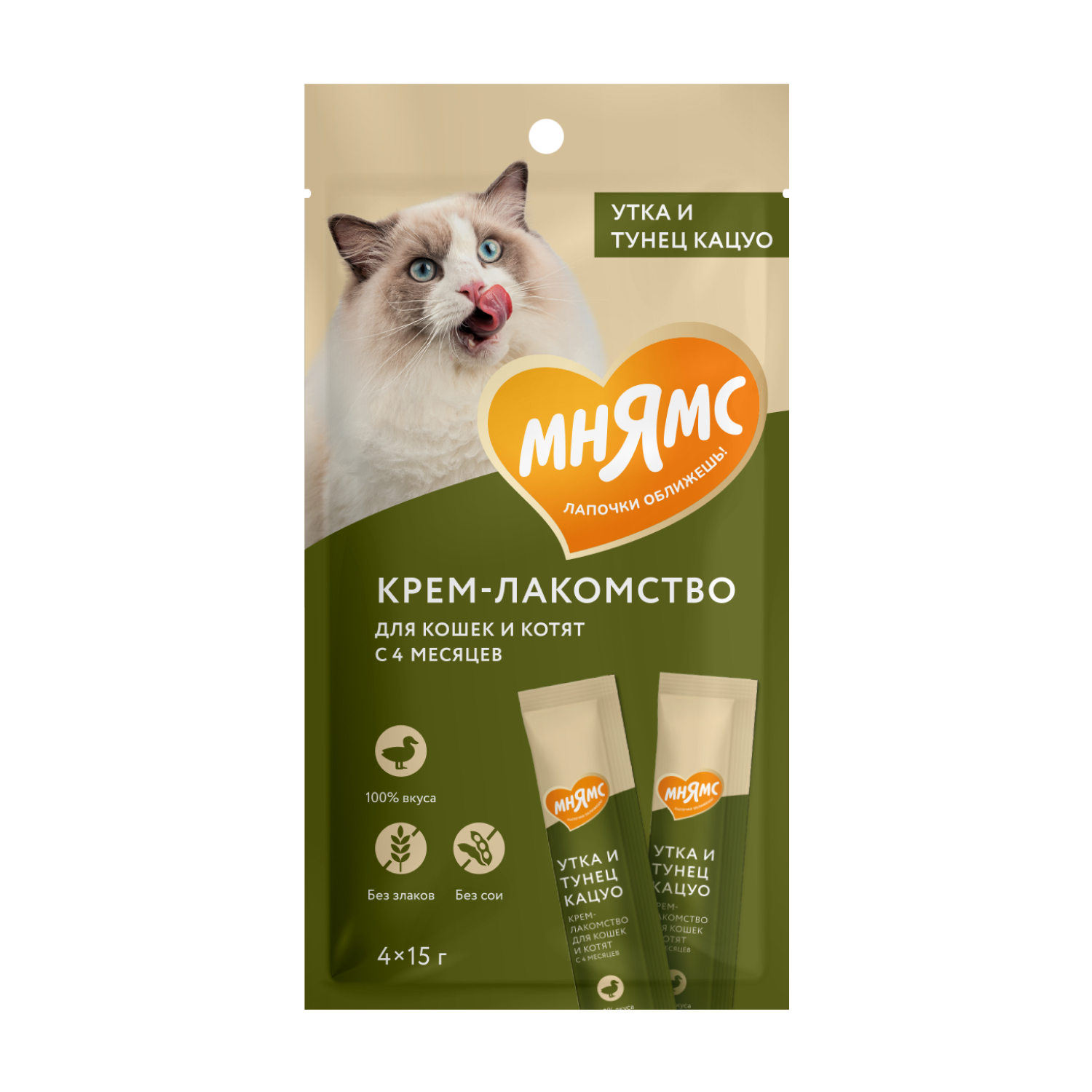 Крем-лакомство Мнямс утка-тунец для кошек и котят 15 г *4 шт