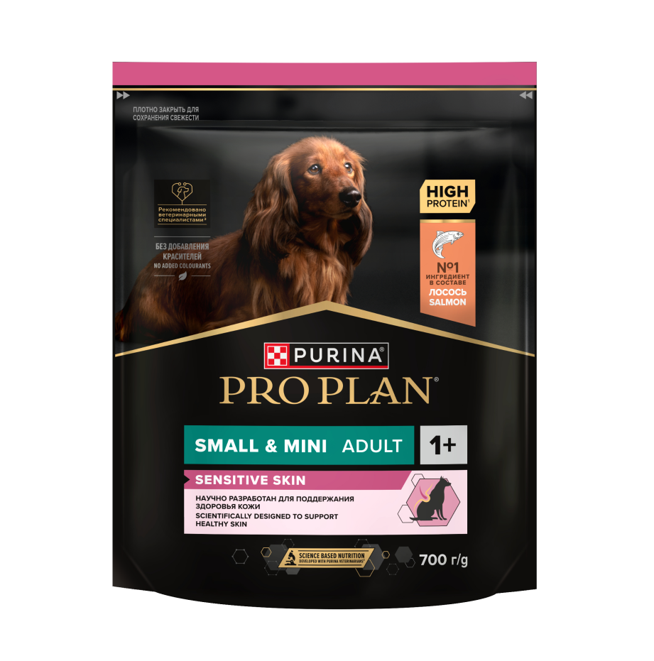 Pro Plan Small & Mini Adult Sensitive Skin для взрослых собак мелких и карликовых пород с чувствительной кожей, с высоким содержанием лосося